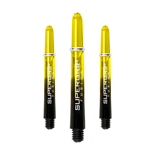 HR349_Harrows_Supergrip_Fusion_Shafts_Gelb_40mm_19jj2CSIuhFLGT Das Bild zeigt drei gelb-schwarze Dartschäfte mit der Aufschrift "Supergrip Fusion". Die Schäfte sind das Produkt "Harrows Supergrip Fusion Shafts - Gelb".