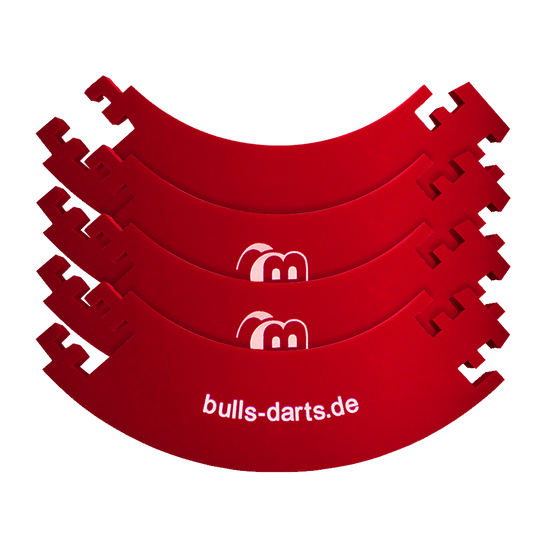 DBS3R_Bulls_Quarterback_Surround_Rot_3 Das Bild zeigt vier rote Viertelkreise mit dem Aufdruck „bulls-darts.de“. Diese Teile gehören zum Produkt „Quarterback Surround“ für eine Dartscheibe.