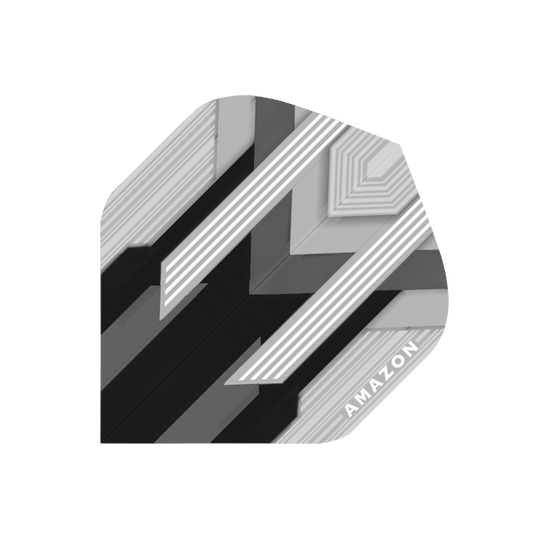 A37-Amazon-Flights-No2-Black Das Bild zeigt das Produkt "Amazon Silver No.2 Black Flights". Es ist ein schwarzer Dartflug mit silbernen und grauen Streifen sowie dem Schriftzug "AMAZON" in einer Ecke.