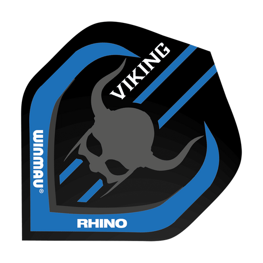 Das Bild zeigt das Dart-Flight „Winmau Andy Fordham Viking Rhino Flights“ in Schwarz mit blauen Akzenten. In der Mitte befindet sich ein Wikinger-Schädel und die Wörter "WINMAU", "VIKING" und "RHINO" sind zu sehen.