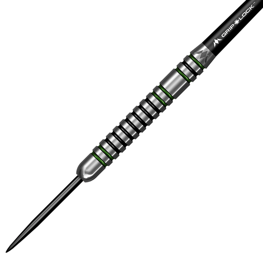 Das Bild zeigt einen Mission Martin Lukeman Smash Steeldart mit einem Gewicht von 23 Gramm. Der Dartpfeil besitzt ein silbernes Design mit schwarzen und grünen Akzenten.