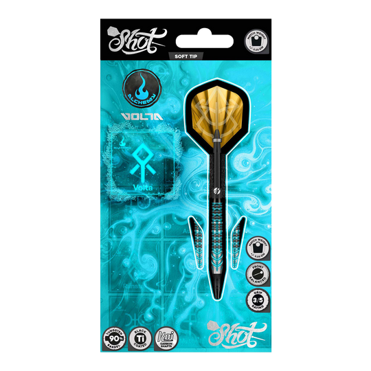 Lotki Shot Alchemy Volta Soft Darts - 20g Abgebildet sind die Shot Alchemy Volta Softdarts - 20g aus einer detaillierten Ansicht. Diese Softdarts eignen sich gut für das Dartspiel.