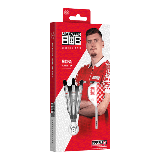 Stalowe lotki Bulls Niko Springer Die Verpackung zeigt die Bulls Niko Springer Steeldarts mit 90% Tungsten. Auf der Vorderseite ist ein Bild von Niko Springer in rotem Trikot zu sehen.