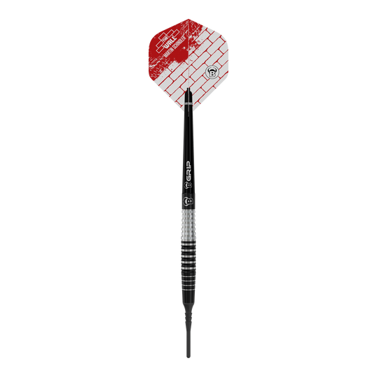 Bulls Martin Schindler Original Generation 3 miękkie lotki Das Bild zeigt einen Bulls Martin Schindler Original Generation 3 Softdart. Der Dart hat eine schwarz-silberne Struktur mit einer roten und weißen Flights mit Ziegelmuster.
