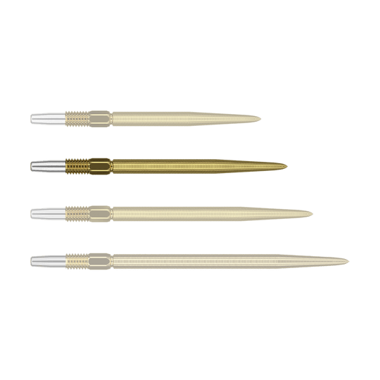 Target Swiss Point Nano Dart Tips - Złoto Das Bild zeigt vier goldene Dartspitzen mit silbernem Befestigungsende, die nebeneinander liegen. Die Spitzen sind gleich lang und haben eine feine Riffelung entlang der gesamten Länge.