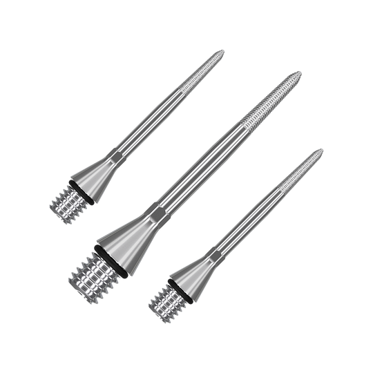 380169_Target_Titanium_Swiss_Point_Nano_Conversion_Points_Silber_30mm_1 Das Bild zeigt drei silberne, spitz zulaufende Metallaufsätze. Sie sind glänzend und haben ein präzises, geriffeltes Ende.