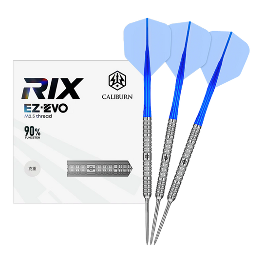 Stalowe lotki Caliburn Rix EZ-EVO R1 Das Bild zeigt das vollständige Set der Caliburn Rix EZ-EVO R1 Steeldarts. Es handelt sich um professionelle Steeldarts für ambitionierte Spieler.