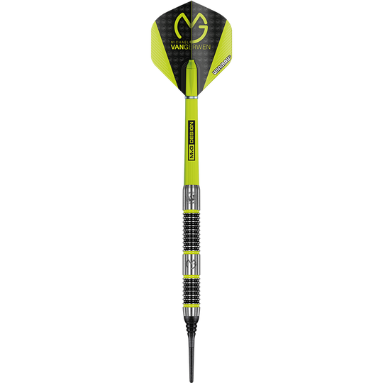 2433_Winmau_Michael_Van_Gerwen_MvG_Aspire_Softdarts_1Eusgs497eYeVg Das Bild zeigt einen Winmau Michael Van Gerwen MvG Aspire Softdart mit einem Gewicht von 20 Gramm. Der Dart ist schwarz, silber und neongelb gestaltet und trägt das MvG-Logo.