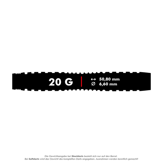 Lotki Winmau Joe Cullen Rockstar Series RS1 Soft Darts - 20g Das Bild zeigt die technischen Daten der Winmau Joe Cullen Rockstar Series RS1 Softdarts mit 20 Gramm Gewicht. Die Darts haben eine Länge von 50,80 mm und einen Durchmesser von 6,60 mm.