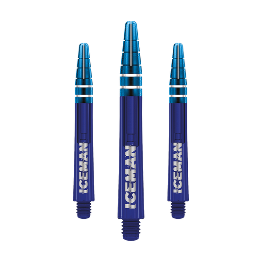 Das Bild zeigt drei blaue Darts-Schäfte mit silbernen Akzenten. Auf jedem Schaft steht das Wort "ICEMAN" in weißen Buchstaben.