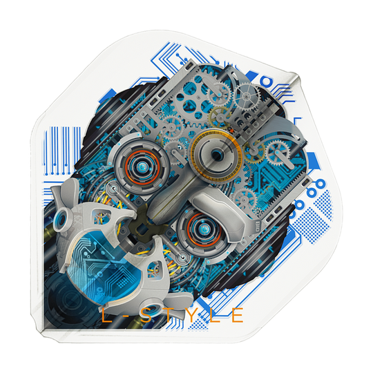Loty L1EZ w stylu L Berry Van Peer V3 Clear White Das Bild zeigt ein Dartflight mit einem detaillierten, mechanischen Roboterkopf auf weißem Hintergrund. Unten ist der Schriftzug "L-STYLE" in orange zu sehen.