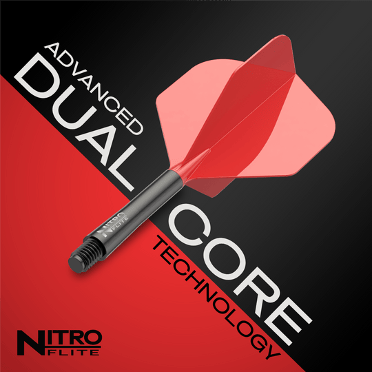 Abgebildet ist der Red Dragon Nitro Flite - Black Shaft Red No2 Flights. Dieses Dartzubehör kombiniert schwarze Schäfte mit roten Flights.