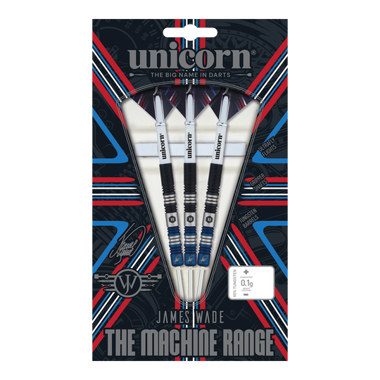 Unicorn The Machine James Wade Dwukolorowe stalowe lotki Das Bild zeigt eine Packung mit drei Steeldarts der Marke Unicorn aus der "The Machine Range" von James Wade. Die Verpackung ist bunt gestaltet und hebt die Merkmale der Darts wie die Tungsten-Barrels und die spezielle Griffigkeit hervor.