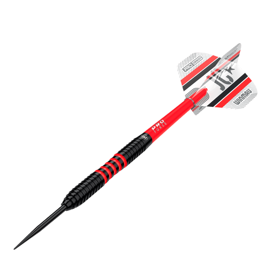 Stalowe lotki Winmau Joe Cullen 85 Pro-Series Das Bild zeigt einen Winmau Joe Cullen 85 Pro-Series Steeldart. Der Dart ist überwiegend schwarz und rot mit weißen und roten Akzenten an den Flights.