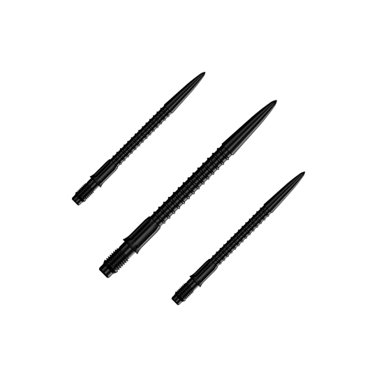 Końcówki do lotek Mission R2.5 Rapid Point GV1 – czarne Ein Set schwarzer Dartspitzen ist abgebildet. Die Spitzen sind für Darts und 30 mm lang.