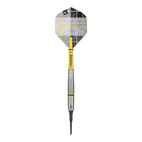 Das Bild zeigt einen Target Scott Williams GEN2 Softdart mit einem Gewicht von 18g. Der Dart hat gelbe Akzente und ein modernes, silberfarbenes Barrel-Design.