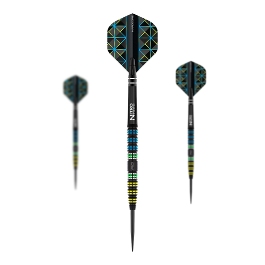Czerwone lotki Dragonfly 95 ze stali stożkowej w kolorze czarnym Auf dem Bild sind drei Steeldarts des Modells "Red Dragon Dragonfly 95 Black Tapered" zu sehen. Die Darts haben ein schwarzes, bunt gemustertes Design mit farbigen Ringen am Griff und geometrischen Mustern auf den Flights.