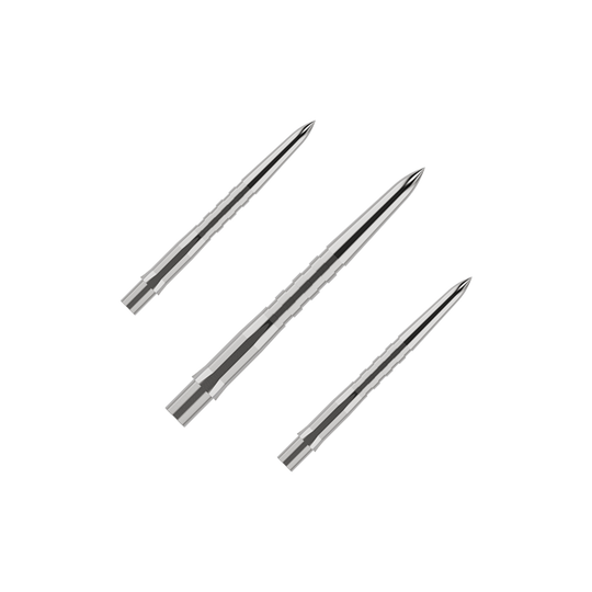 Groty do lotek Mission Caliburn EVO – rowkowane – srebrne Das Bild zeigt drei silberne, gerillte Spitzen für Steeldarts. Sie liegen nebeneinander auf einem grünen Hintergrund.