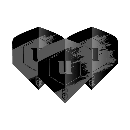 Unicorn Ultrafly 100 Team Unicorn Big Wing Flights - Szary Das Bild zeigt drei graue Dart-Flights der Marke Unicorn Ultrafly 100 Team Unicorn Big Wing. Auf jedem Flight ist ein großes "u" und ein modernes Design mit weißen Akzenten zu sehen.