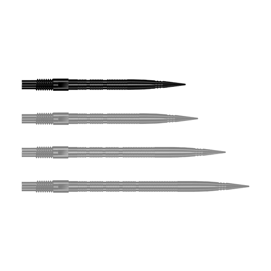 Zu sehen ist eine einzelne schwarze Dartspitze mit Rillenmuster. Dieses Produkt ist als Ersatzspitze für Dartpfeile gedacht.