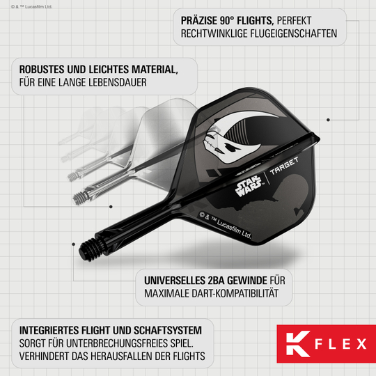 Zestaw Target Star Wars K-Flex Mandalorian No6 Flights Abgebildet ist das Target Star Wars K-Flex-Set Mandalorian No2 Standard Flights. Die Flights sind im Mandalorian-Stil gestaltet und eignen sich für Star Wars Fans.
