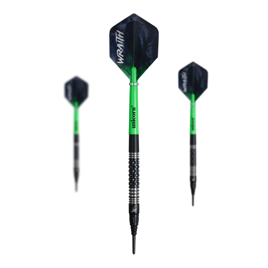 Unicorn Wraith James Wade Softdarts mit einem Gewicht von 19 Gramm sind auf dem Bild zu sehen. Die Darts sind speziell für Softdartspieler entwickelt.