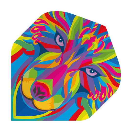 P70_Pentathlon_Metro_Colour_Wolf_Standard_Flights_1 Das Bild zeigt ein Dart-Flight mit einem bunten Wolfsgesicht. Die Farben sind sehr auffällig und in einem modernen, abstrakten Stil gehalten.