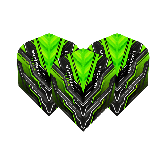HR11_Harrows_Supergrip_Ultra_Green_Standard_Flights_1FVdoh6L0Plpu7 Das Bild zeigt drei grüne Dart-Flights der Marke Harrows mit dem Namen "Supergrip Ultra". Das Design ist modern und auffällig mit schwarzen und grünen Akzenten.