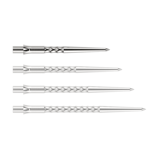 Stalowe groty do lotek Caliburn System - Ripple - NoLip - srebrne Abgebildet ist eine silberne Steeldartspitze des Typs Ripple NoLip mit 28mm Länge. Die Spitze liegt frontal auf einer hellen Fläche.