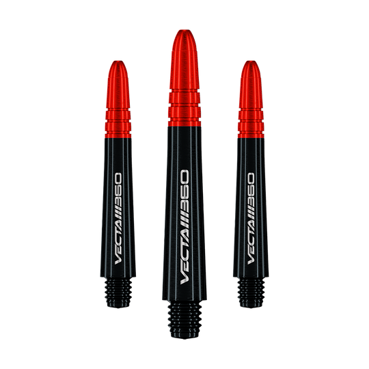 Zu sehen ist ein Satz Winmau Vecta Blade360 Shafts in Schwarz mit 40 mm Länge. Die Shafts sind nebeneinander aufgestellt.