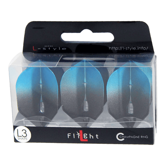 Loty L-Style Two Tone L3PRO Die Verpackung zeigt drei blaue Dartflights der Marke L-style. Auf der Schachtel steht "L3 Shape" und "Champagne Ring".