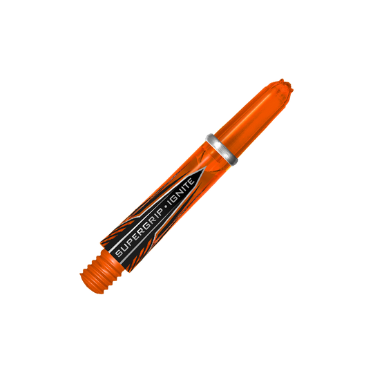 Das Bild zeigt einen orangefarbenen Supergrip Ignite Shaft von Harrows. Der Schriftzug „Supergrip Ignite“ ist auf dem Schaft deutlich sichtbar.
