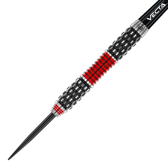 Stalowe lotki Winmau Joe Cullen Rockstar Series RS1 Auf dem Bild ist der Winmau Joe Cullen Rockstar Series RS1 Steeldart zu sehen. Der Dart hat ein schwarzes und rotes Griffmuster mit metallischen Akzenten.