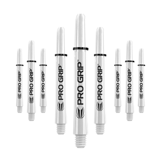 Uchwyty Target Pro Grip - 3 zestawy - białe Das Bild zeigt mehrere weiße Dartschäfte mit der Aufschrift "PRO GRIP". Sie sind in drei Reihen angeordnet und haben schwarze Ringe an der Oberseite.