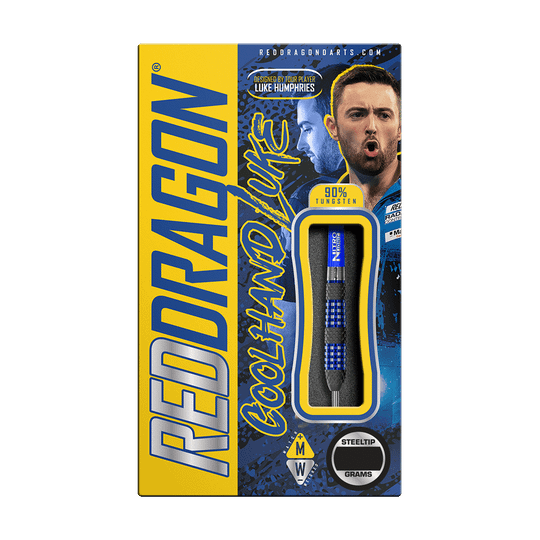 RD2561_Red_Dragon_Luke_Humphries_TX2_Atomized_Steeldarts_3 Die Verpackung zeigt die "Red Dragon Luke Humphries TX2 Atomised Steeldarts". Zu sehen ist auch ein Bild von Luke Humphries und die Darts selbst mit blauem Design.