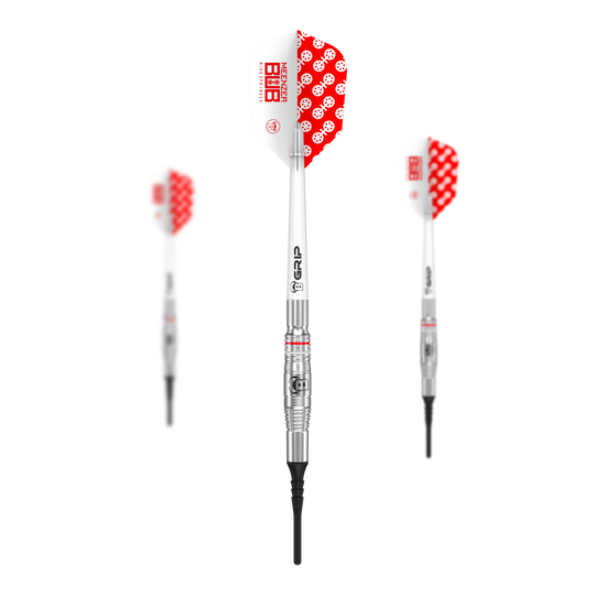 Miękkie lotki Bulls Niko Springer - 22g Das Bild zeigt drei Softdarts des Modells 'Bulls Niko Springer' mit einem Gewicht von 22g. Die Darts haben silberne Schäfte und weiße Flights mit einem roten Punktmuster.