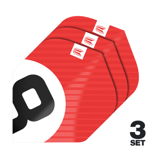 Lotki Target Pro Ultra Chicane Red No2 Standard - 3 zestawy Das Bild zeigt drei Sätze der Target Pro Ultra Chicane Red No2 Standard Flights. Die Flights sind überwiegend rot mit einem weißen und schwarzen Design und werden als 3er-Set angeboten.