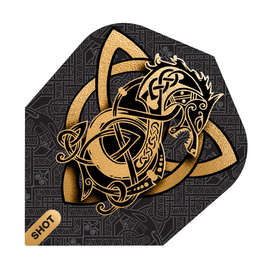 Shot Viking Wolf nr 6 Flights Das Bild zeigt das Produkt "Shot Viking Wolf No6 Flights" mit einem goldenen Wikinger-Wolf Design auf schwarzem Hintergrund. Im Hintergrund sind feine, keltische Muster zu sehen und unten links steht das Wort "SHOT".
