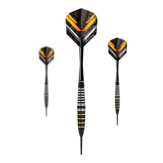 Das Bild zeigt ein Set Harrows Vulcan Softdarts. Die Darts sind speziell für Softdart-Spiele entwickelt.