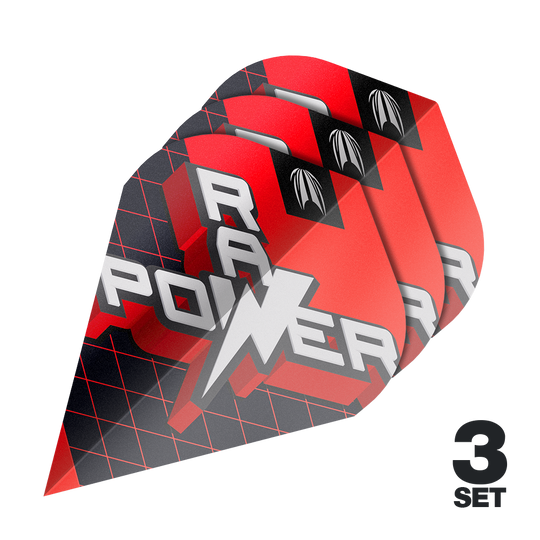 Das Bild zeigt drei Sätze Target Pro Ultra Phil Taylor Power 9Five GEN11 Vapor S Flights. Die Flights sind rot-schwarz gestaltet und tragen den Schriftzug "POWER" sowie ein Blitz-Design.