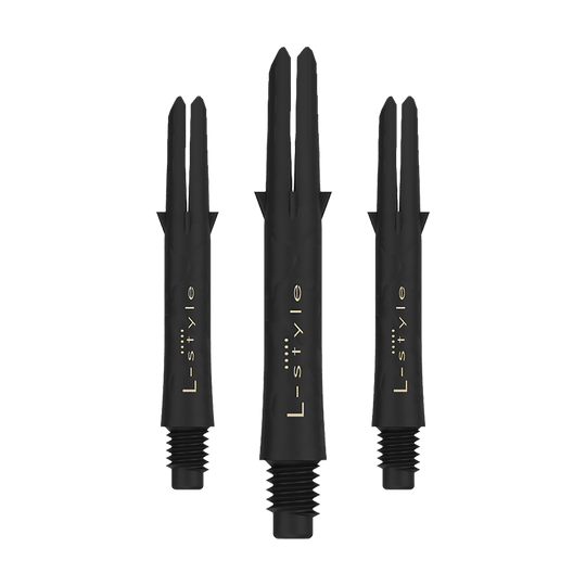 Das Bild zeigt drei schwarze L-Style Carbon Shafts für Darts ohne Kappen. Auf den Schäften steht in goldener Schrift das Wort "L-style".