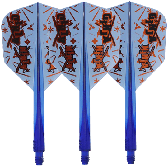 Condor Axe Ginja Ninja Matt Campbell Flight-Shaft - Small Auf dem Bild sind drei blaue Dartflights mit dem Namen "Condor Axe Ginja Ninja Matt Campbell Flight-Shaft - Small" zu sehen. Die Flights haben ein auffälliges Design mit orangen und schwarzen Mustern.