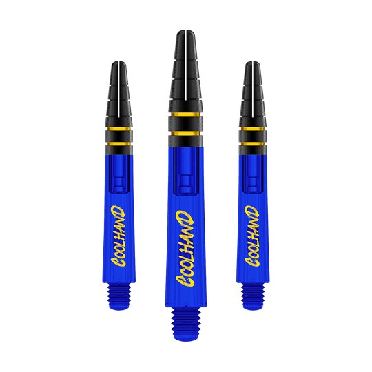 Red Dragon Nitrotech Luke Humphries Coolhand Shafts - Niebieski Das Bild zeigt drei blaue Dartschäfte mit der gelben Aufschrift "COOLHAND". Die Schäfte haben schwarze und goldene Akzente am oberen Ende.