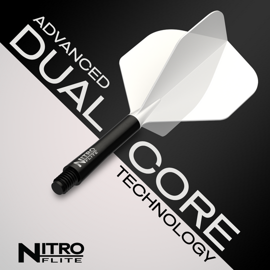 Das Foto zeigt Red Dragon Nitroflite Black Shaft White Flights No2. Es ist ein Dart-Schaft in Schwarz und weiße Flights abgebildet.