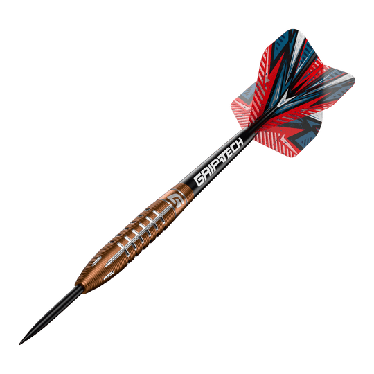 Lotki GOAT Quarterback V2 ze stali wolframowej - 24 g Das Bild zeigt einen Steeldart namens "GOAT Quarterback V2 Tungsten" mit einem Gewicht von 24 Gramm. Der Dart hat ein auffälliges Design mit roten, schwarzen und silbernen Akzenten sowie dem Schriftzug "GRIPTECH" auf dem Schaft.