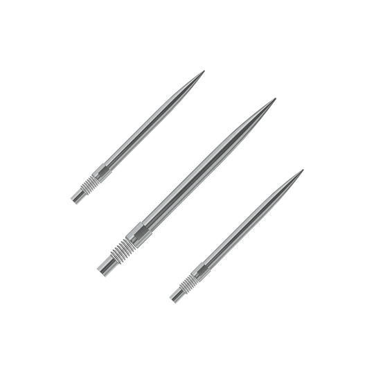 Końcówki do lotek Harrows Quick Point – srebrne Gezeigt wird ein Set Harrows QuickPoint Dartspitzen in Silber mit 30mm Länge. Dieses Bild verdeutlicht den Lieferumfang der Dartspitzen.