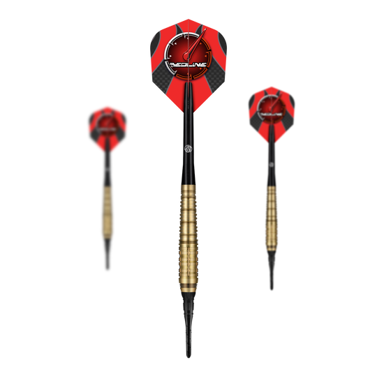 Miękkie lotki Shot Redline Mach 1 - 20g Das Bild zeigt drei Softdarts des Produkts „Shot Redline Mach 1“ mit einem Gewicht von 20g. Die Darts haben rote Flights mit schwarzem Muster und goldenen Griffen.