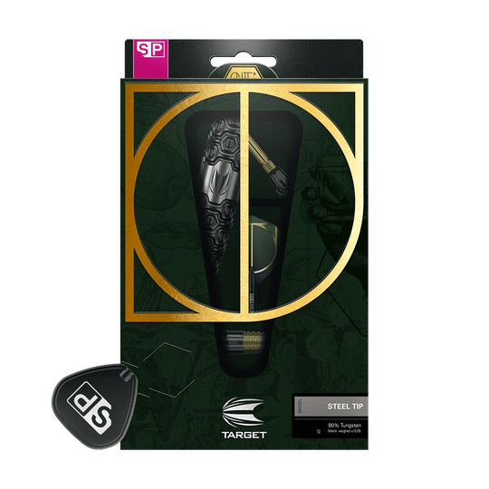 Auf dem Bild ist eine stilvolle Verpackung für Steeldarts der Marke Target zu sehen. Die Packung hat ein auffälliges gold-schwarzes Design mit dem Hinweis auf 90% Tungsten.