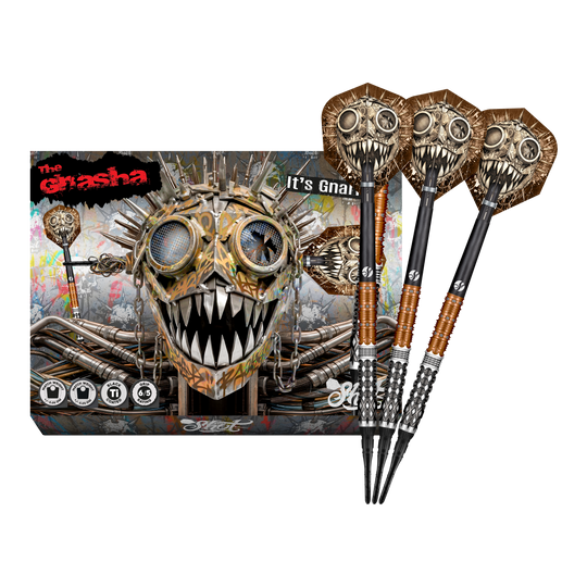 Shoty Gnarly Gnasha Soft Darts - 20g Das Foto zeigt die vollständigen Shot Gnarly Gnasha Softdarts - 20g. Diese Softdarts zeichnen sich durch ein modernes Design aus.