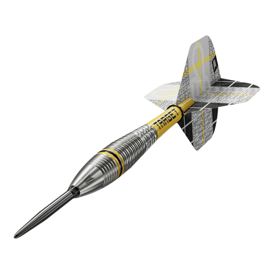 Stalowe lotki Target Scott Williams GEN2 Swiss Point Auf dem Bild ist ein Target Scott Williams GEN2 Swiss Point Steeldart zu sehen. Der Dartpfeil hat ein silbernes, geriffeltes Barrel und gelbe Akzente sowie moderne Flights.